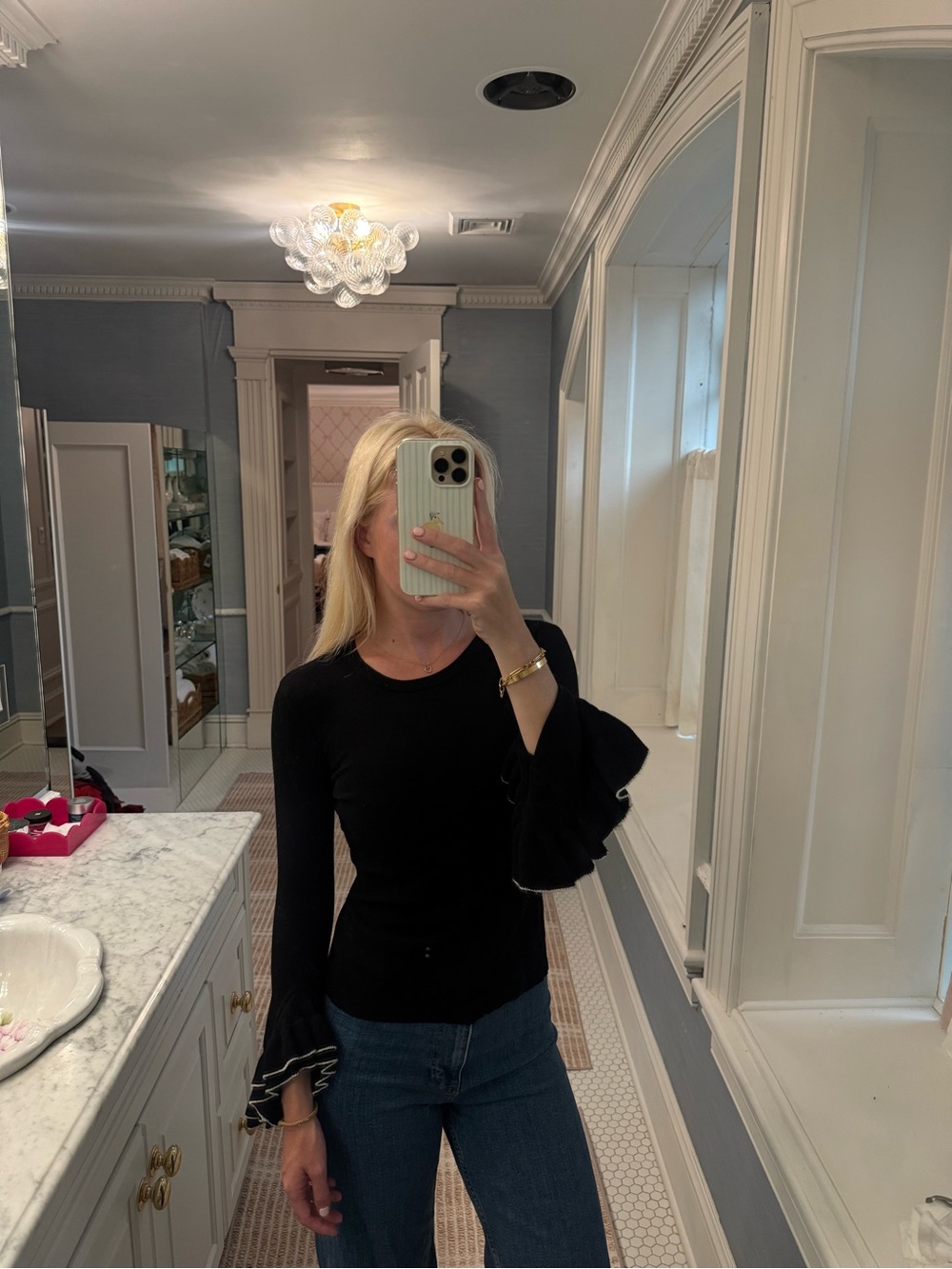 Milly Black Long-Sleeve Top with Ruffle Bell Sleeves